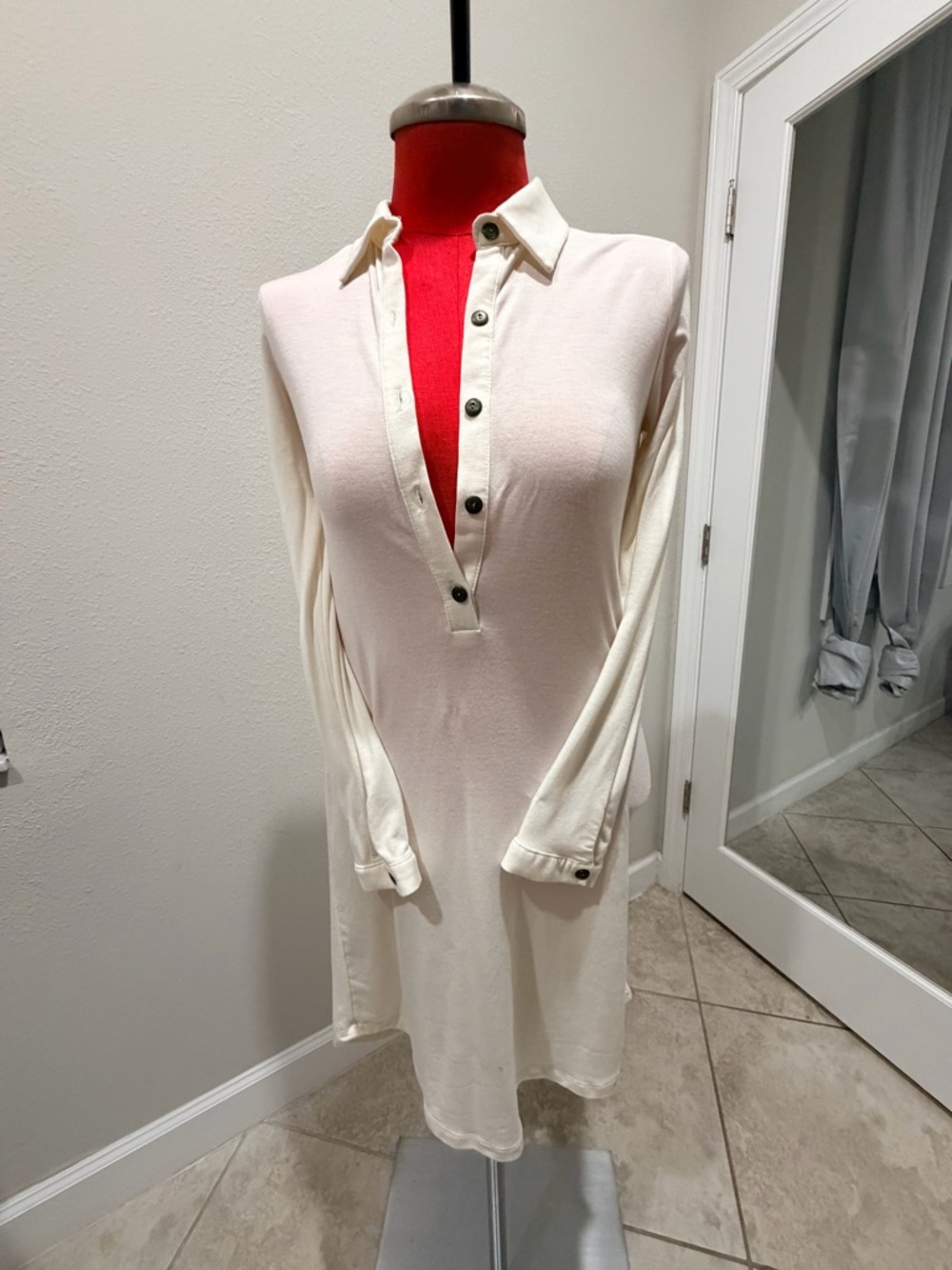 Poof! Cream Long Sleeve Midi Polo Dress